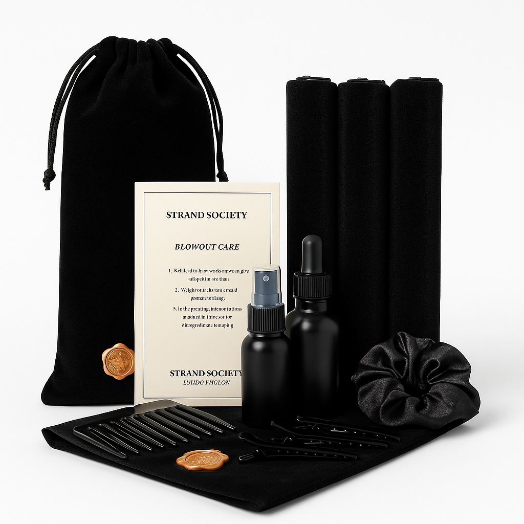 Heatless Blowout Kit, luxury travel pouch with heatless styling rods, sectioning clips, satin scrunchie, support comb, finishing bottles, and care insert
