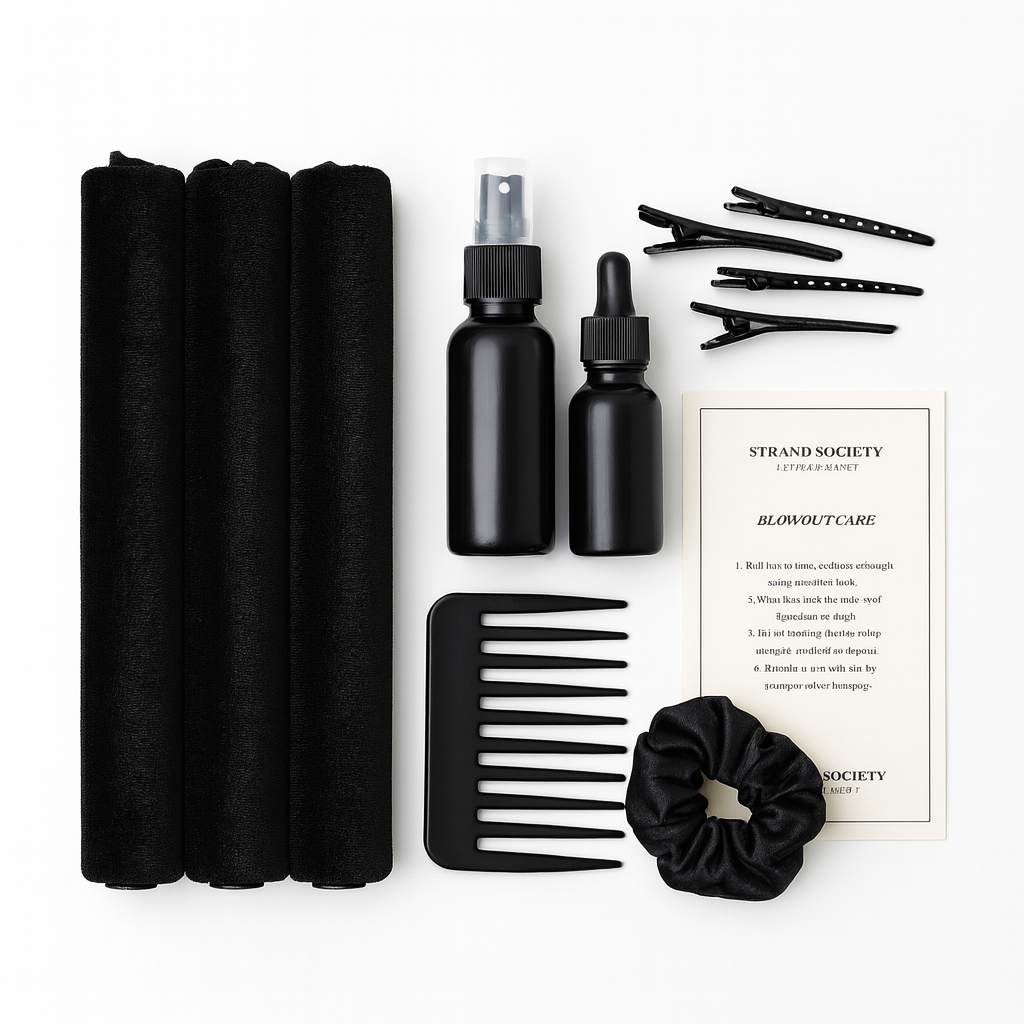 Heatless Blowout Kit, flat lay of all included luxury hair support items