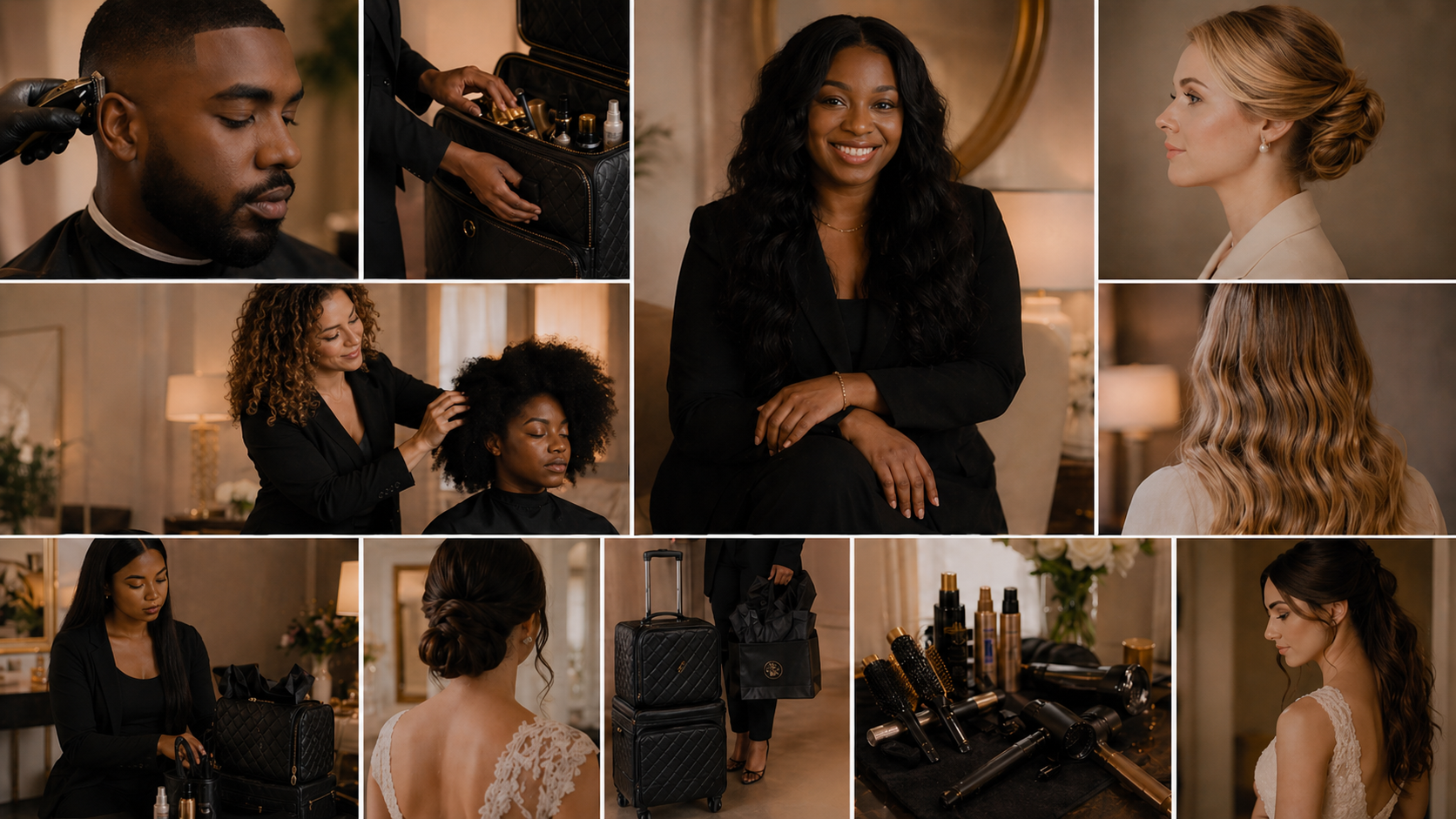 Strand Society Luxury Salon concierge beauty, founder, bridal, men's grooming, and packaging editorial mosaic
